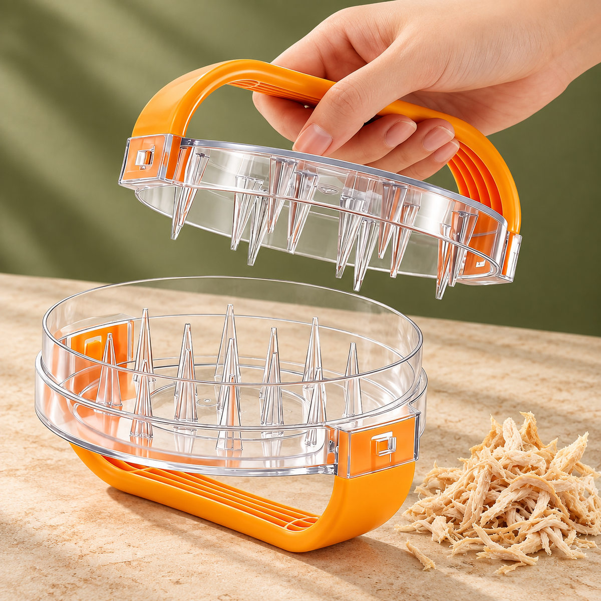 Separated upper and lower sections of the clear chicken shredder beside shredded chicken