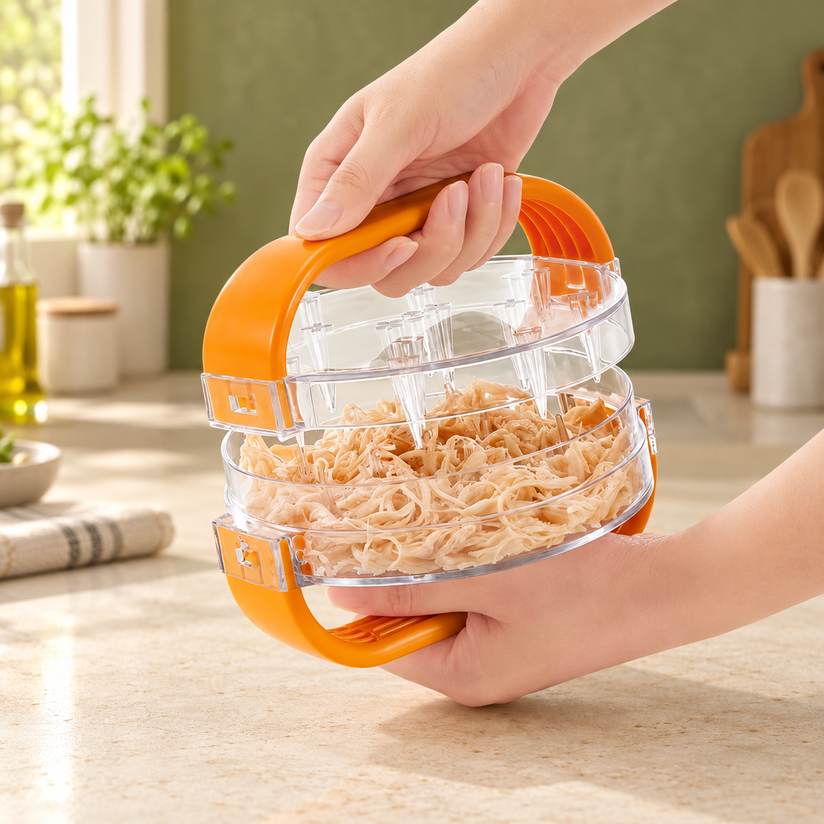 Upper section lifted to reveal shredded chicken inside the clear manual shredder