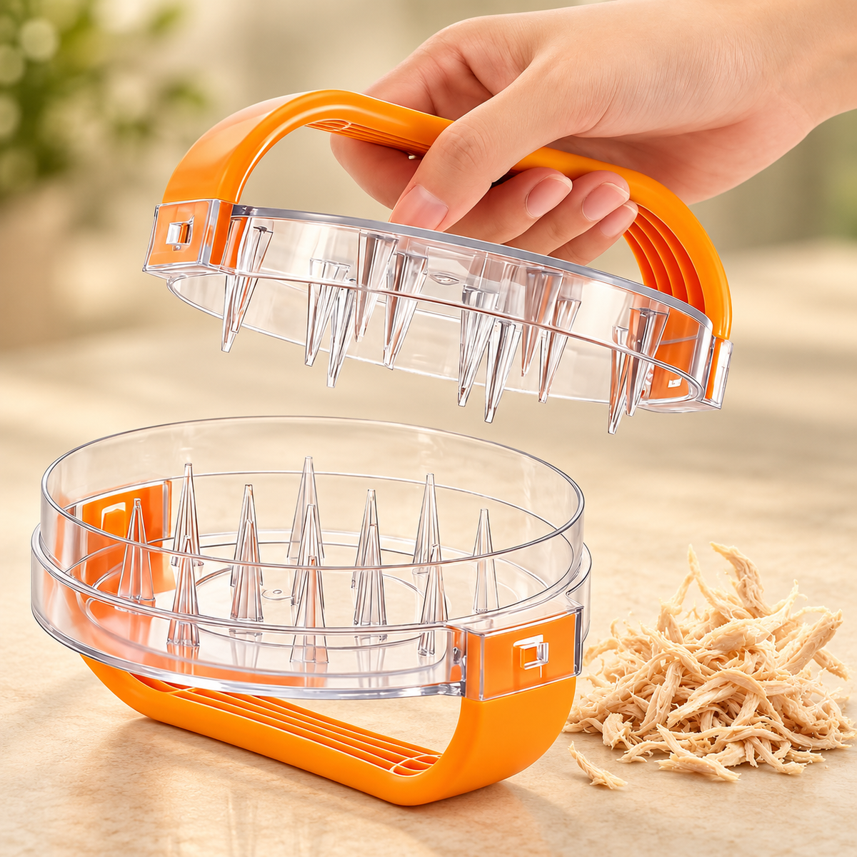 Open clear chicken shredder with orange handles beside shredded chicken on a kitchen counter