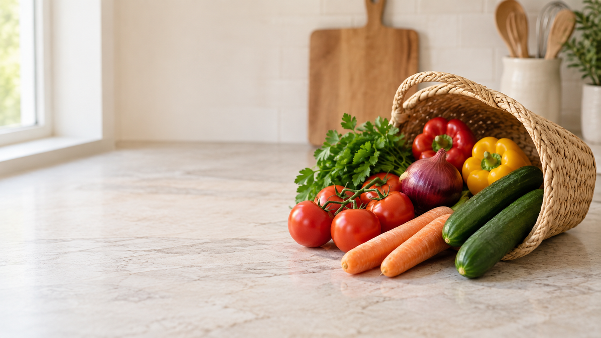 Fresh whole vegetables in a bright modern kitchen