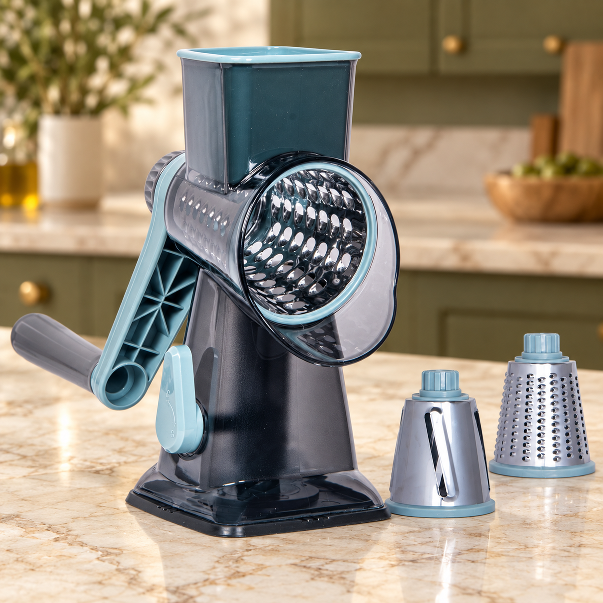 Rotary grater with two interchangeable spare drums