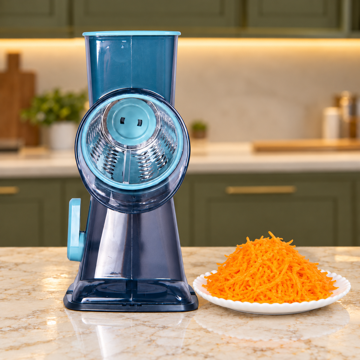 Blue rotary grater beside a plate of grated carrots