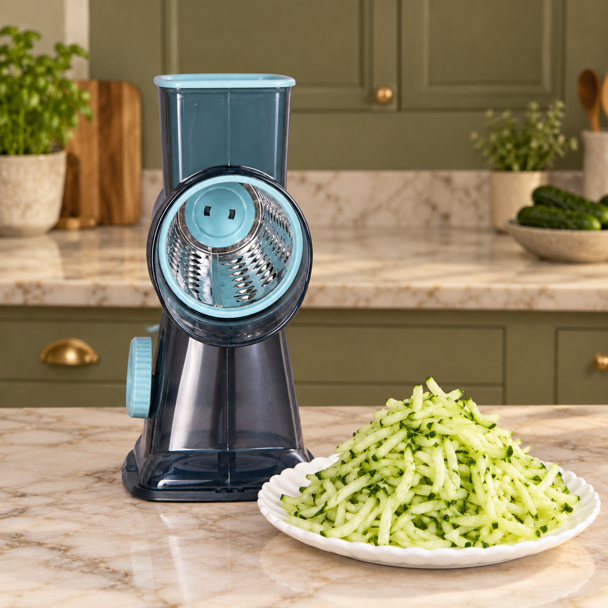 Blue rotary grater beside a plate of coarse cucumber shreds