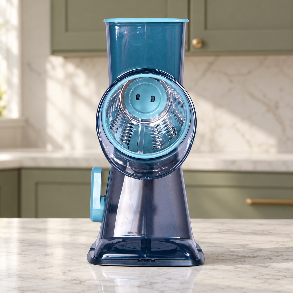Front view of blue rotary grater and suction-lock base