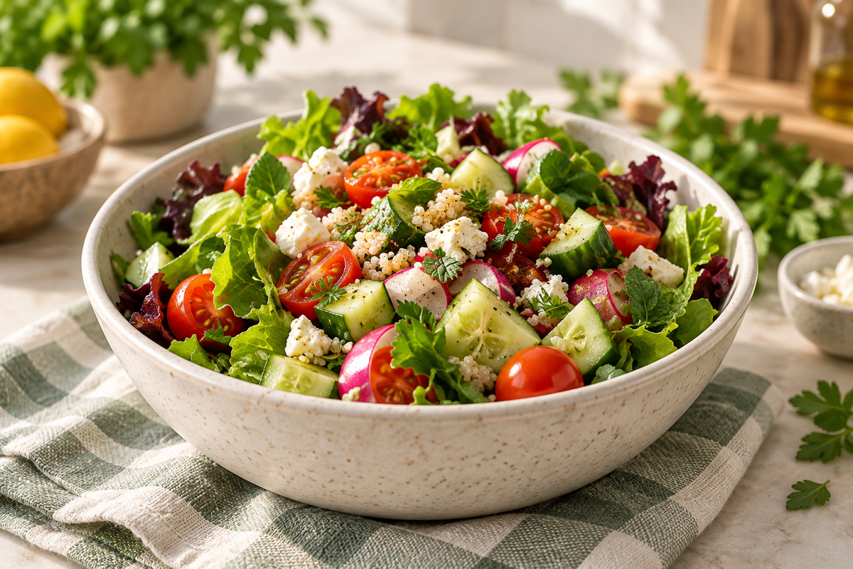 Fresh ingredients and kitchen linens beside a serving bowl