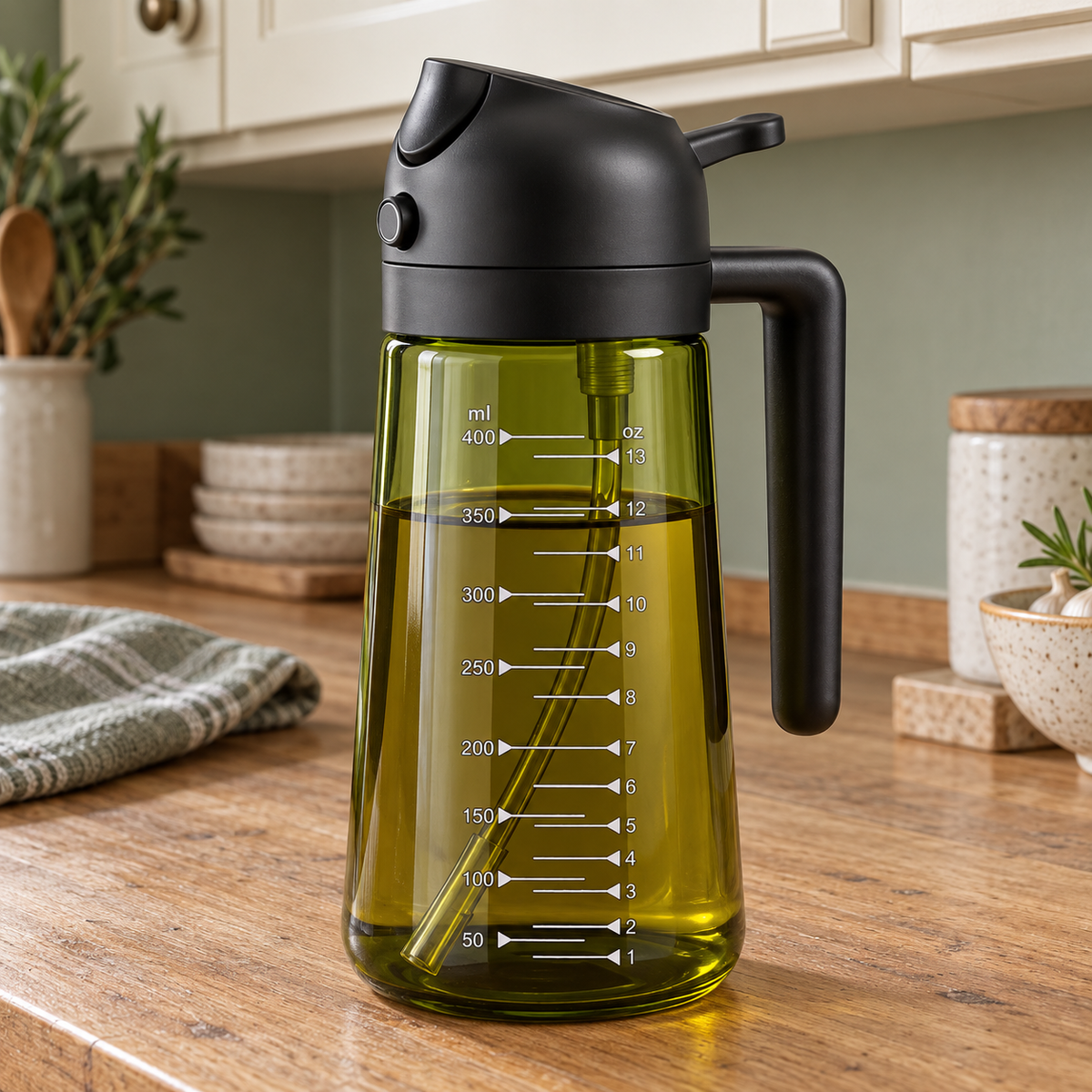 Dark green glass oil sprayer with black handle and white measurement markings