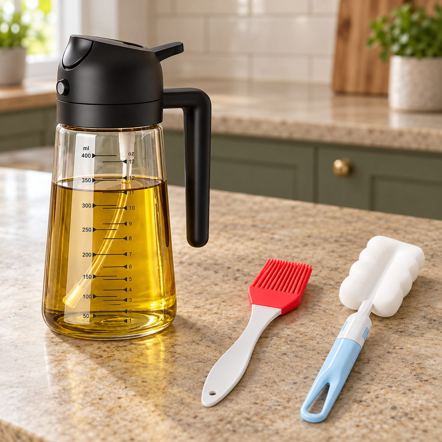 Clear version of the oil bottle with its included oil and cleaning brushes