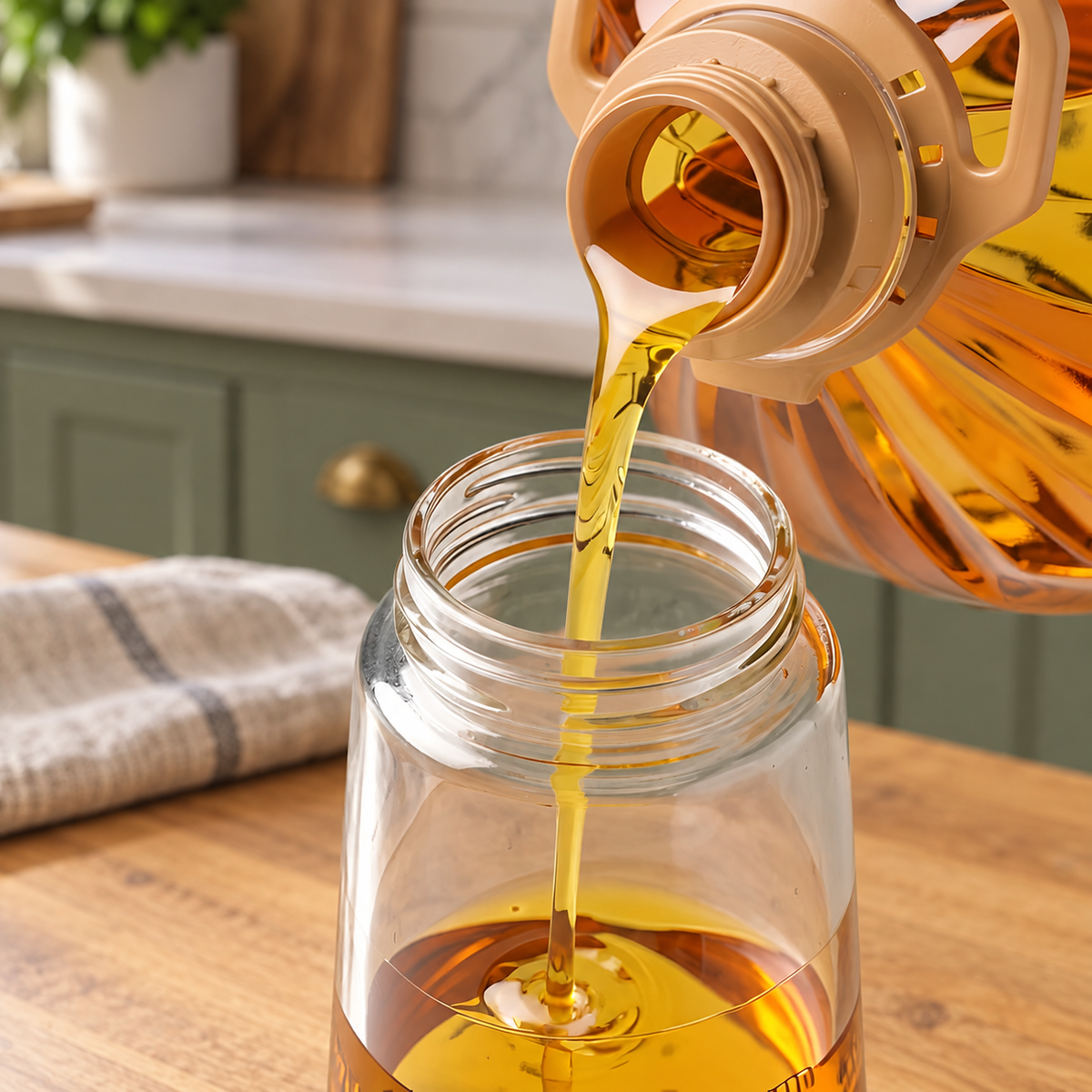 Refilling the glass oil bottle through its wide opening