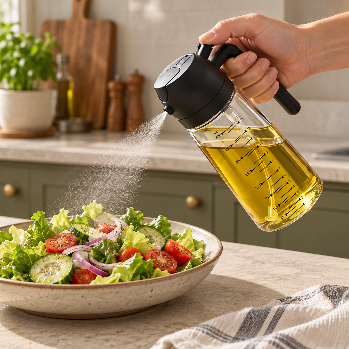 Clear oil sprayer applying oil to a fresh salad