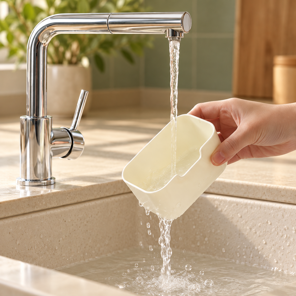 Removable cream-colored tray being rinsed under running water