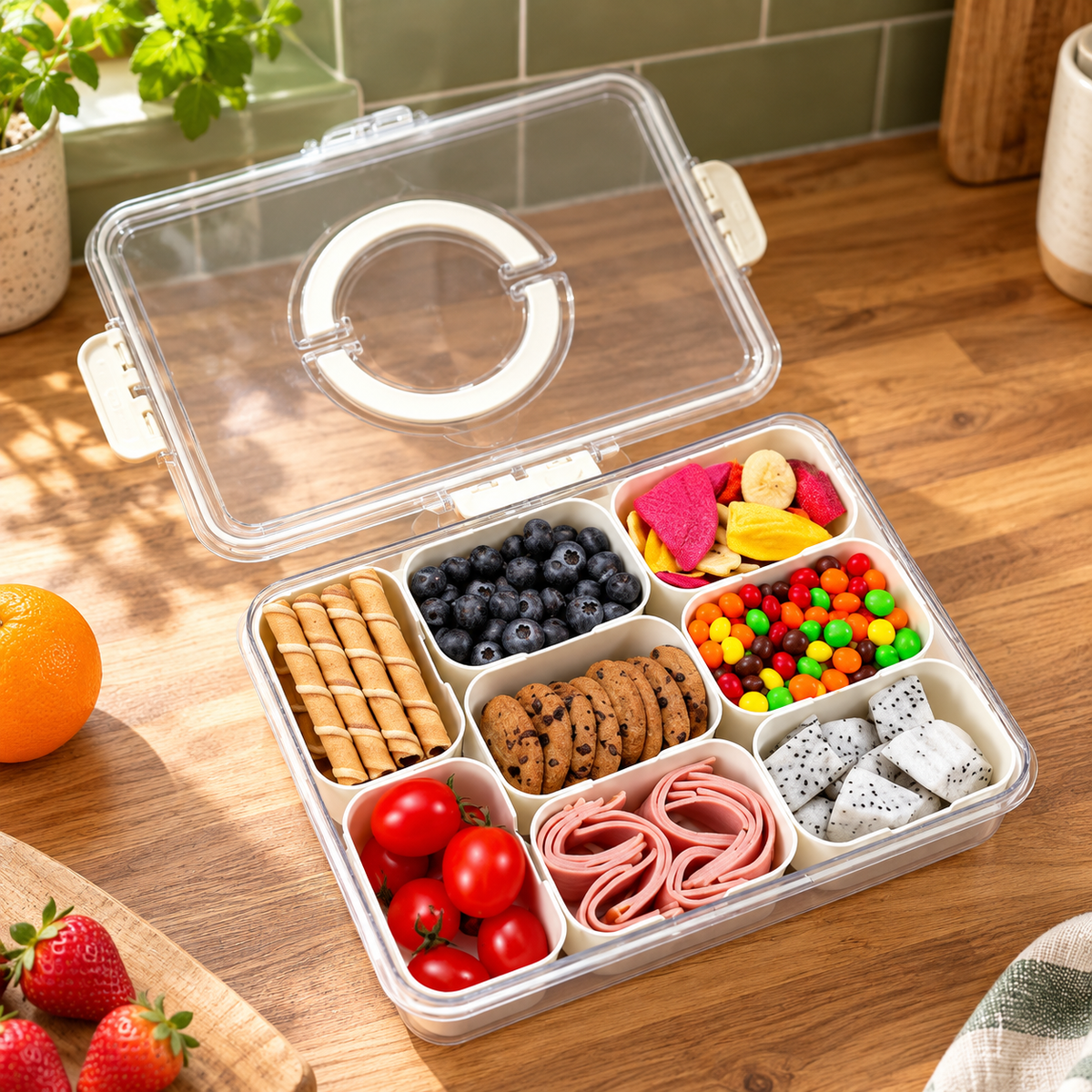 Eight-compartment snack tray with a clear lid