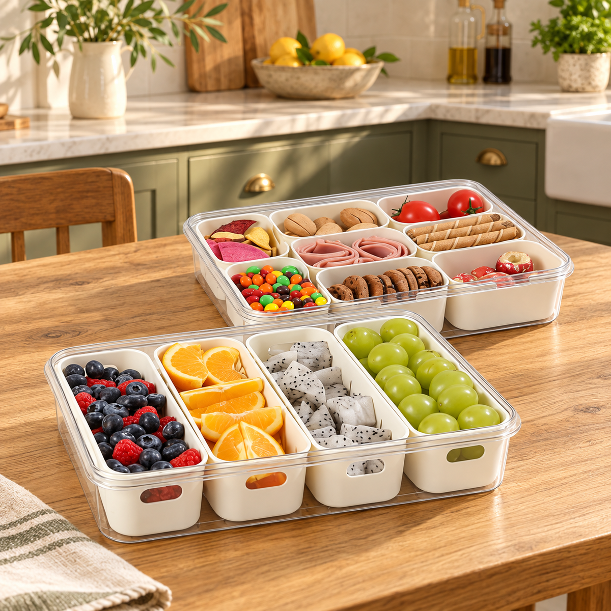 Two open snack boxes with eight- and four-compartment trays on a kitchen table