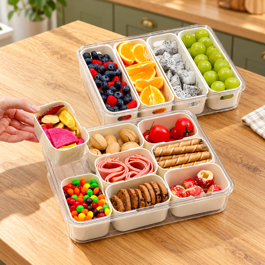 A removable insert lifted from a clear snack box