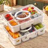 Two clear snack boxes stacked with lids and carrying handles