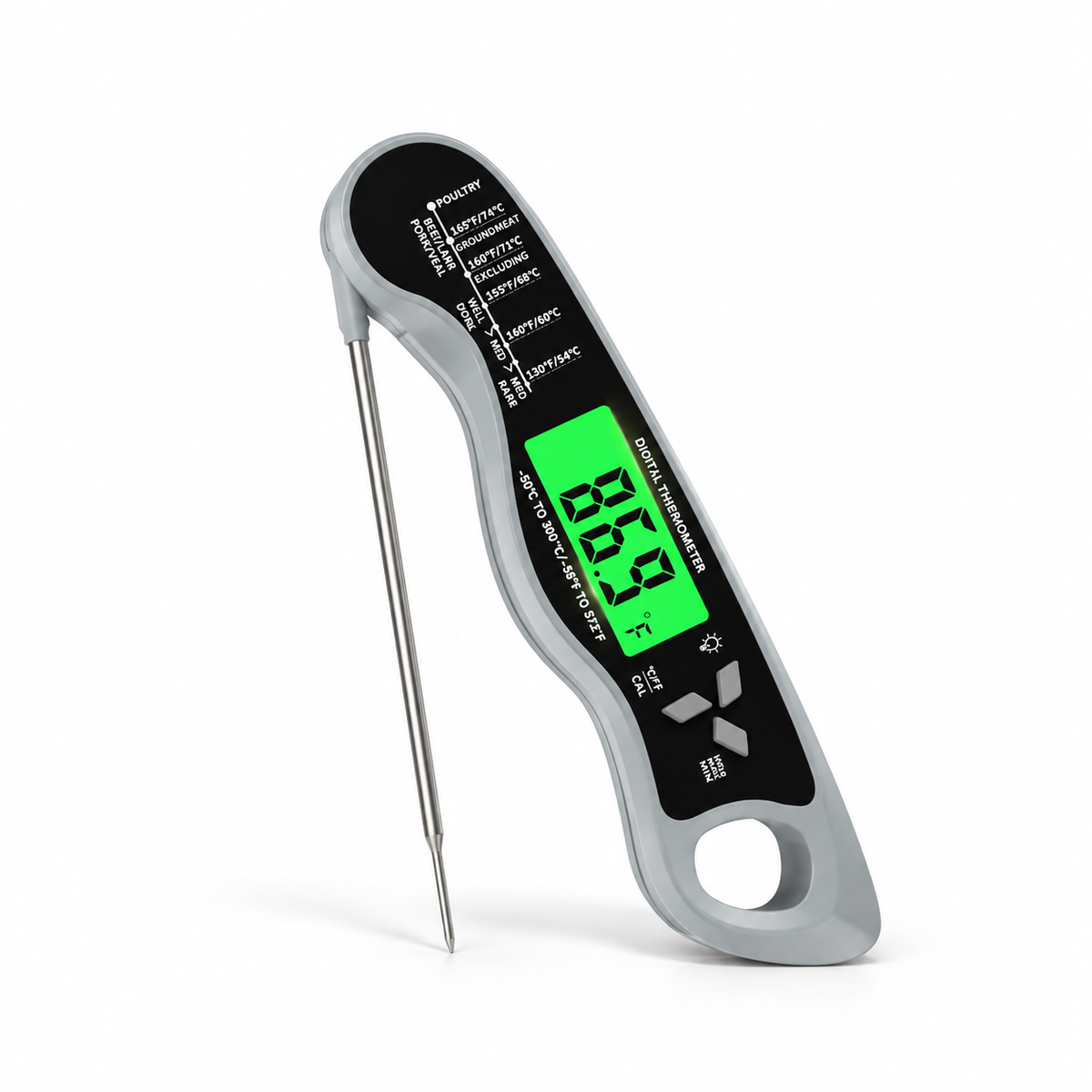 Grey instant-read digital meat thermometer