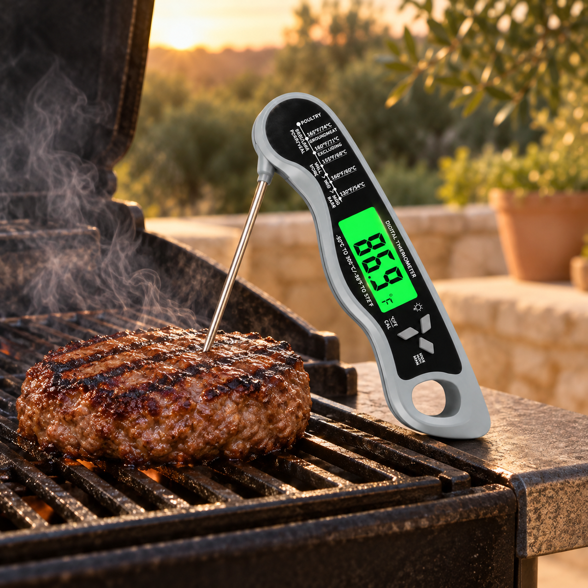 Grey instant-read meat thermometer checking food on a grill