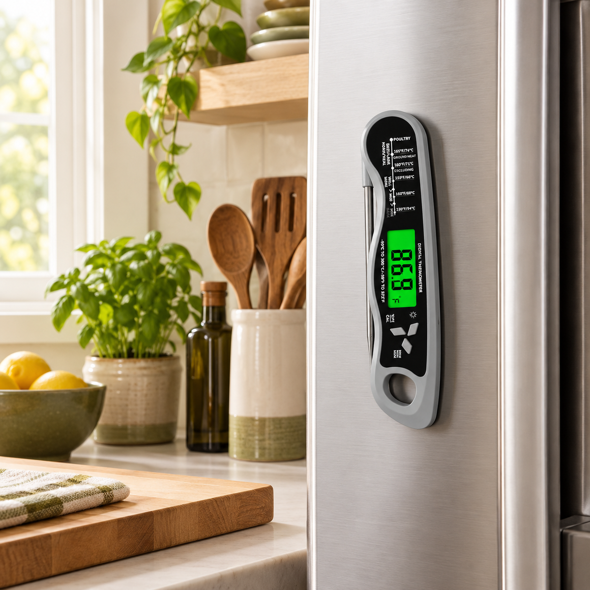 Grey folding meat thermometer stored magnetically on a refrigerator