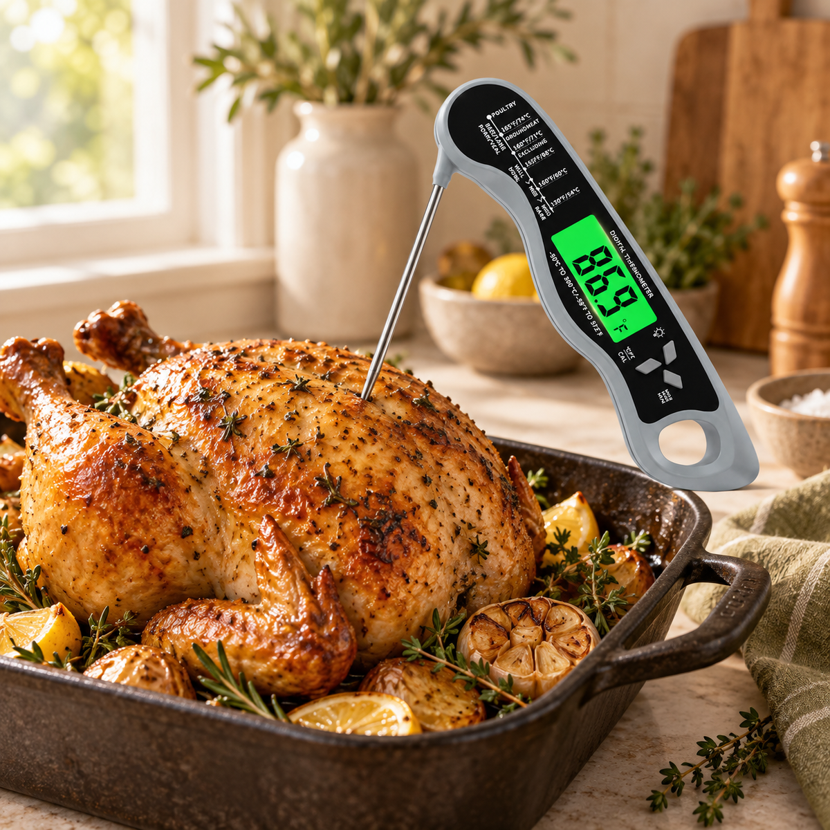 Grey instant-read meat thermometer checking a roast chicken