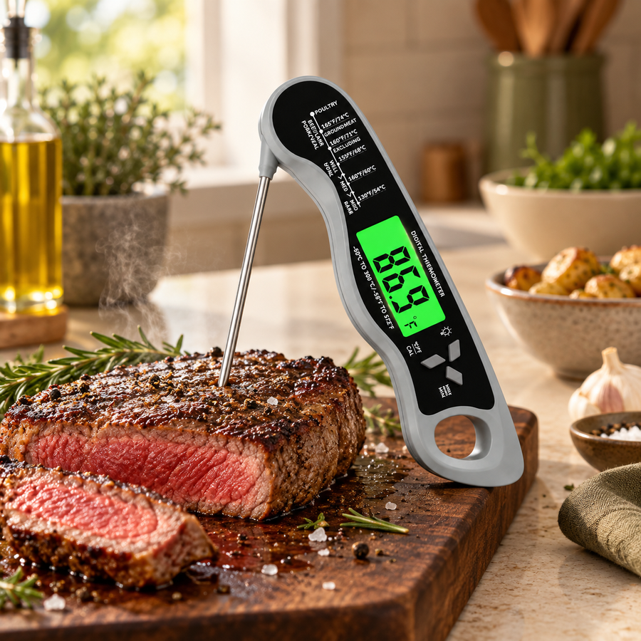 Instant-read digital meat thermometer checking steak temperature
